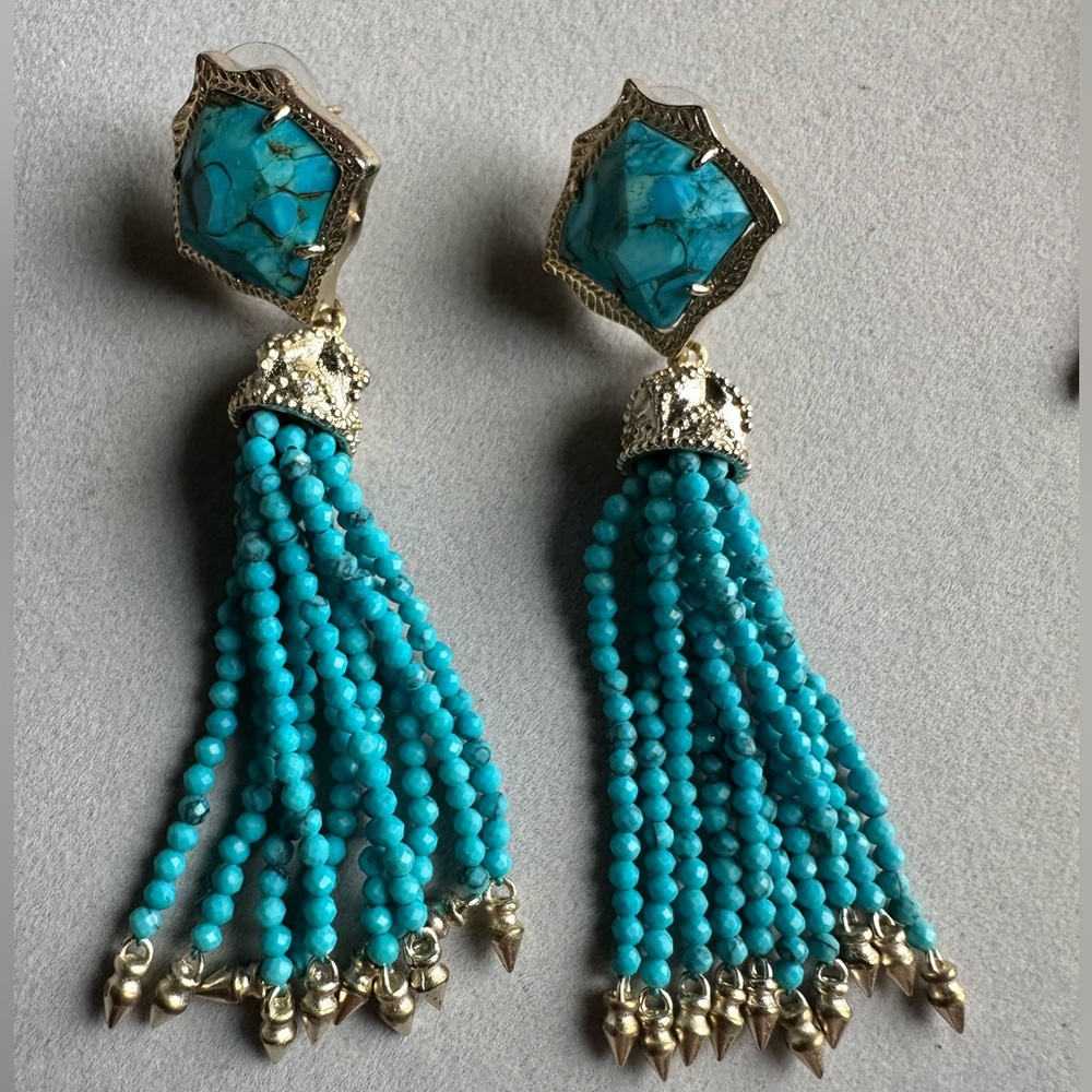 Kendra Scott teal variegated stone tassel earrings